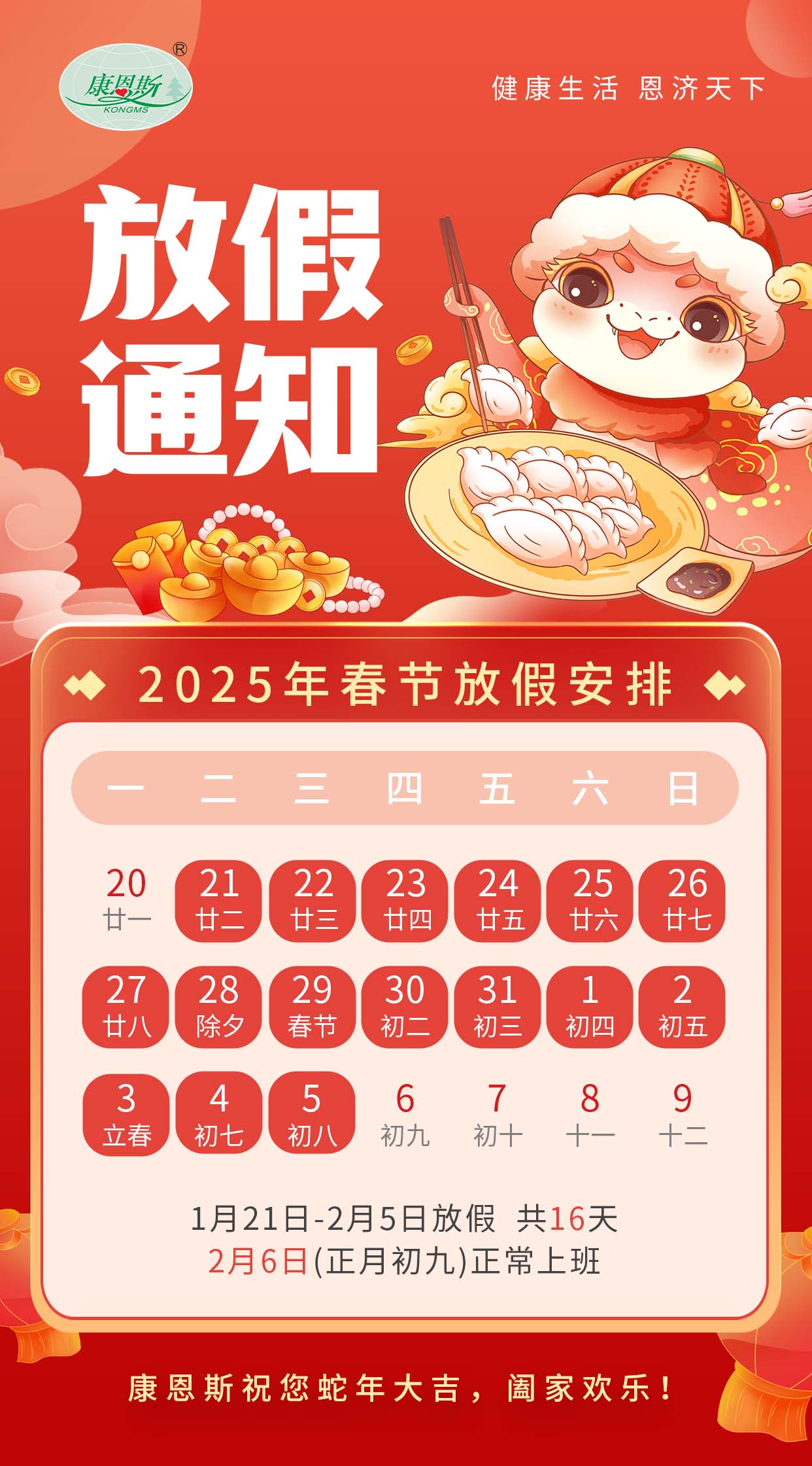 康恩斯集團(tuán)—2025蛇年放假安排